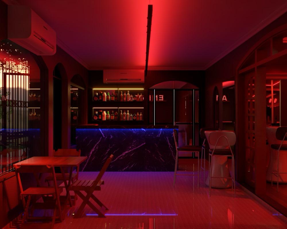 Bar iluminado em tons vermelhos